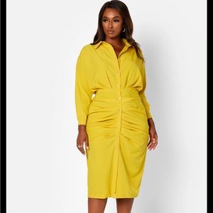 REBDOLLS: Clock In Button Front Tie Waist Cinched Midi Bodycon Dress - Mustard